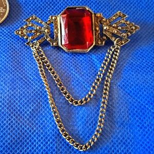 Vintage Brooch with Chains & Red Rhinestone
